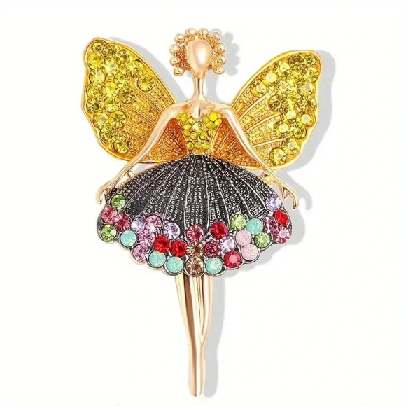 Colorful Ballet Dance Fairy with Wings Sparkly Goldtoned Rhinestone Brooch Pin - Picture 1 of 3